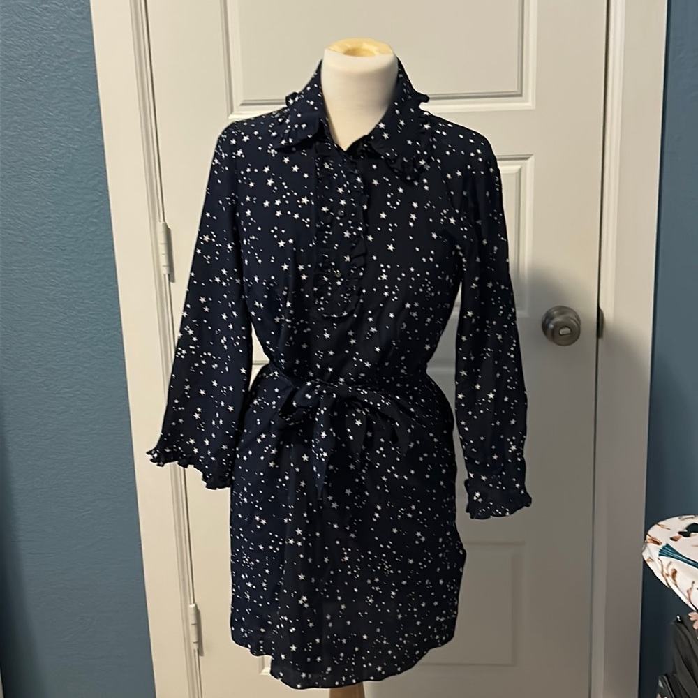 Star Print Navy Shirt Dress with Tie Waist